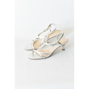 Pelle Moda Silver Metallic Strappy Kitten Heel Sandals Womens Size 9M Formal